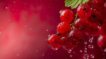 A bunch of ripe plump gooseberries with dew and water droplets in the air. Fresh and juicy red currant with shiny skin reflects water drops. Ripe red currant in the fullness of nature. - obrazy, fototapety, plakaty