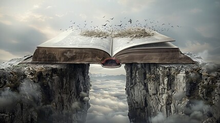 A giant book opening, with words and symbols flying out and forming a bridge over a chasm that the rival cannot cross, illustrating overcoming challenges through knowledge and learning