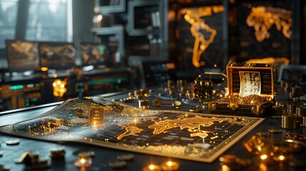A surreal image of a treasure map unfurling across a sleek, modern boardroom table, with iconic location icons glowing like jewels The map leads to a treasure chest brimming with gold coin - obrazy, fototapety, plakaty