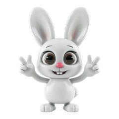 Lovely little bunny isolated on transparent background. Gesture V sign for victory or peace. Symbol of the Chinese New Year or Christian Easter. Funny cartoon 3d character for design