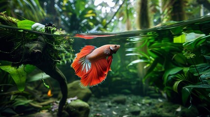 A vivid Siamese fighting fish exploring a secluded pool in an enchanted forest The water is clear and reflects the lush green canopy above while magical flora and fauna decorate the scene