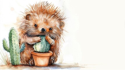 A porcupine cuddling with a cactus plushie water color
