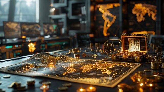 A surreal image of a treasure map unfurling across a sleek, modern boardroom table, with iconic location icons glowing like jewels The map leads to a treasure chest brimming with gold coin