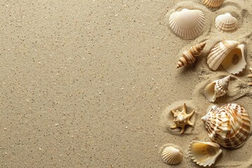 Sea shells on sandy beach. Summer background. Top view. generative ai.