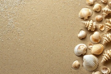 Fototapeta na wymiar Sea shells on sandy beach. Summer background. Top view. generative ai.