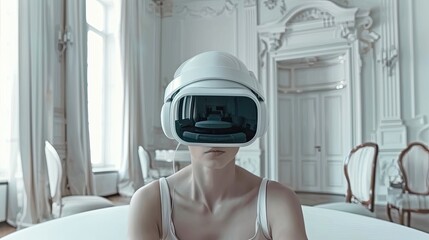 A person wearing a VR headset in an everyday activity - 764408071