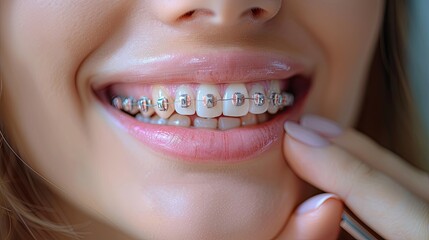 Close up shot on a beautiful mouth with orthodontic braces - 764408208