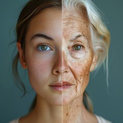 Contrasting young and old face illustrating the aging process - 764408223
