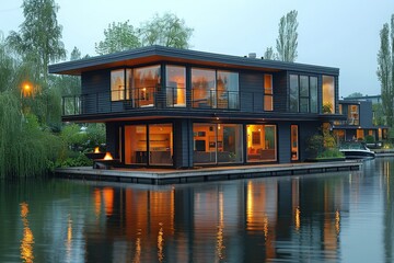 Exterior view of a floating house with dock - 764408256