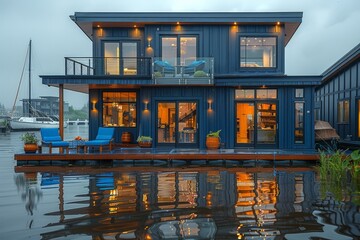 Exterior view of a floating house with dock - obrazy, fototapety, plakaty