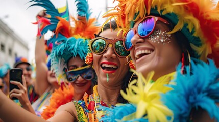 Joyful moments captured as girls take selfies at a vibrant street party parade, celebrating Brazilian Carnaval in a whirlwind of costumes and camaraderie