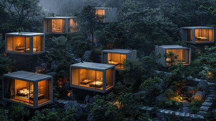 group of modern minimalist small vacation cabins, scattered on a mountain landscape - 764408284