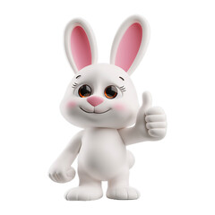 Cartoon little white Easter rabbit character giving thumb up isolated on transparent background. Funny furry hare. 3d realistic illustration. Element for design greeting card, banner, poster