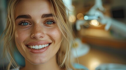 Smiling woman with beautiful white teeth - 764408451