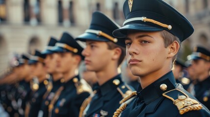 Uniformed cadets in formal attire standing in straight line during ceremonial event. Discipline and military education. - obrazy, fototapety, plakaty