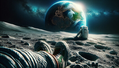 An image of closeup shot of an astronaut boots and an astronaut enjoy the breathtaking view of Earth rising above the moon's horizon - Generative AI