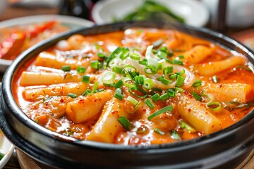 Tteokbokki chewy rice cakes simmered in a fiery red chili sauce a street food staple turned comfort food