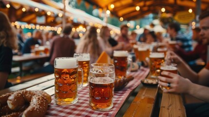 People enjoying craft beer and pretzels at bustling outdoor beer garden.  sense of community and casual dining experience with friends. Social gatherings and traditional food.