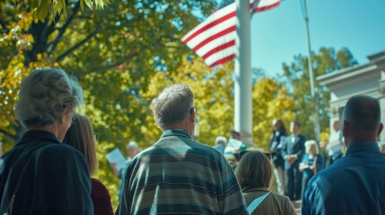 Elderly man participating in outdoor community event with focus on civic engagement and patriotism, with American flag displayed in background. Public gathering and citizenship.