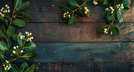 This studio photography features a top view of mistletoe on an old wood background, with high resolution, studio lighting, and a depth blur effect. 