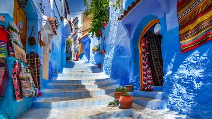 Fotobehang This image shows a narrow street in the medina of Chefchaouen, Morocco. © vurqun