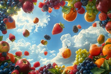 Fresh fruits tumbling from a summer sky, nature's bounty
