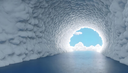 Naklejka premium 3d render, abstract minimal blue background with white clouds flying out the tunnel