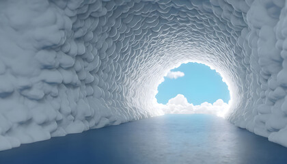 Fototapeta premium 3d render, abstract minimal blue background with white clouds flying out the tunnel