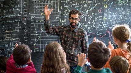 Engaged mathematics instructor teaching group of attentive students in classroom with chalkboard covered in complex equations. Education and knowledge transfer in action.