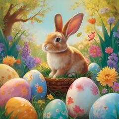 playful bunny, colorful eggs, blooming flowers, lush greenery, joyous celebration