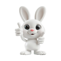 Cartoon little white Easter rabbit character giving thumb up isolated on transparent background. Funny furry hare. 3d realistic illustration. Element for design greeting card, banner, poster