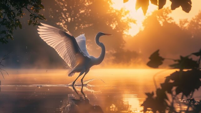 Elegant heron bird takes flight at sunrise over tranquil water reflecting golden light. Wildlife in natural habitat.