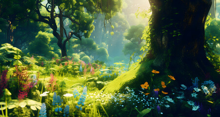 an animated scene shows trees and bushes with sunlight coming from them