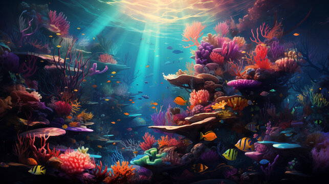 Underwater view of coral reef and colorful fish