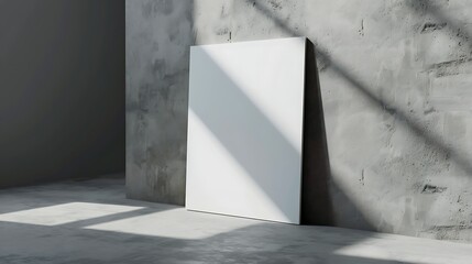 Blank white canvas mockup leaning against a textured concrete wall in a modern, industrial-style room.