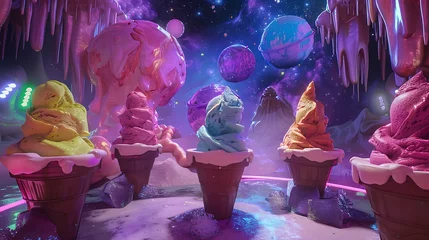 Rolgordijnen Surreal ice cream land. 3D rendering of a fantasy landscape with ice cream cones, planets, and stars. © vurqun