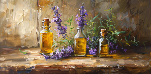 An oil painting of essential oils with sage and purple flowers on a wooden table, in the style of copy space concept - obrazy, fototapety, plakaty