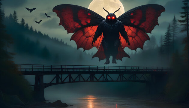 An illustration of a creature with glowing red eyes standing on a crumbling bridge at dusk.