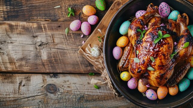 There is an image of a chicken with Easter eggs on a wooden background.