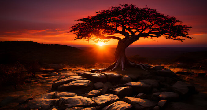 an image of a tree in the middle of the sunset