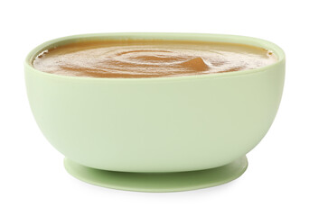 Tasty baby food in bowl isolated on white