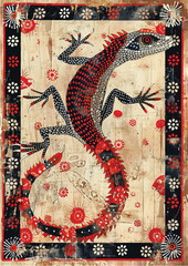 A colorful lizard painted on weathered wood, blending seamlessly with its natural surroundings