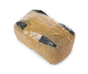 Package with narcotics isolated on white. Drug addiction