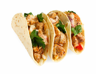 Delicious tacos with meat and parsley isolated on white