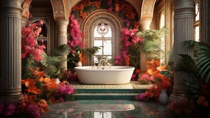 Fototapeta na wymiar Bathroom With Tub Surrounded by Flowers