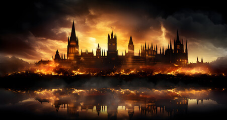 a large cathedral surrounded by flames next to water