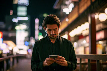 man using smartphone in city at night, tokyo - obrazy, fototapety, plakaty