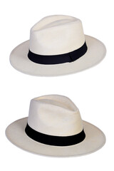 Panama hat style straw hat with black ribbon isolated on white background, straw hat for woman and man head protection image