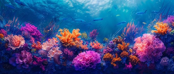 Abstract coral reef, underwater pattern, vibrant marine life