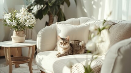 Fototapeta na wymiar Tabby cat basking in the sunlight on a cozy sofa with white knitted blanket and flowers
